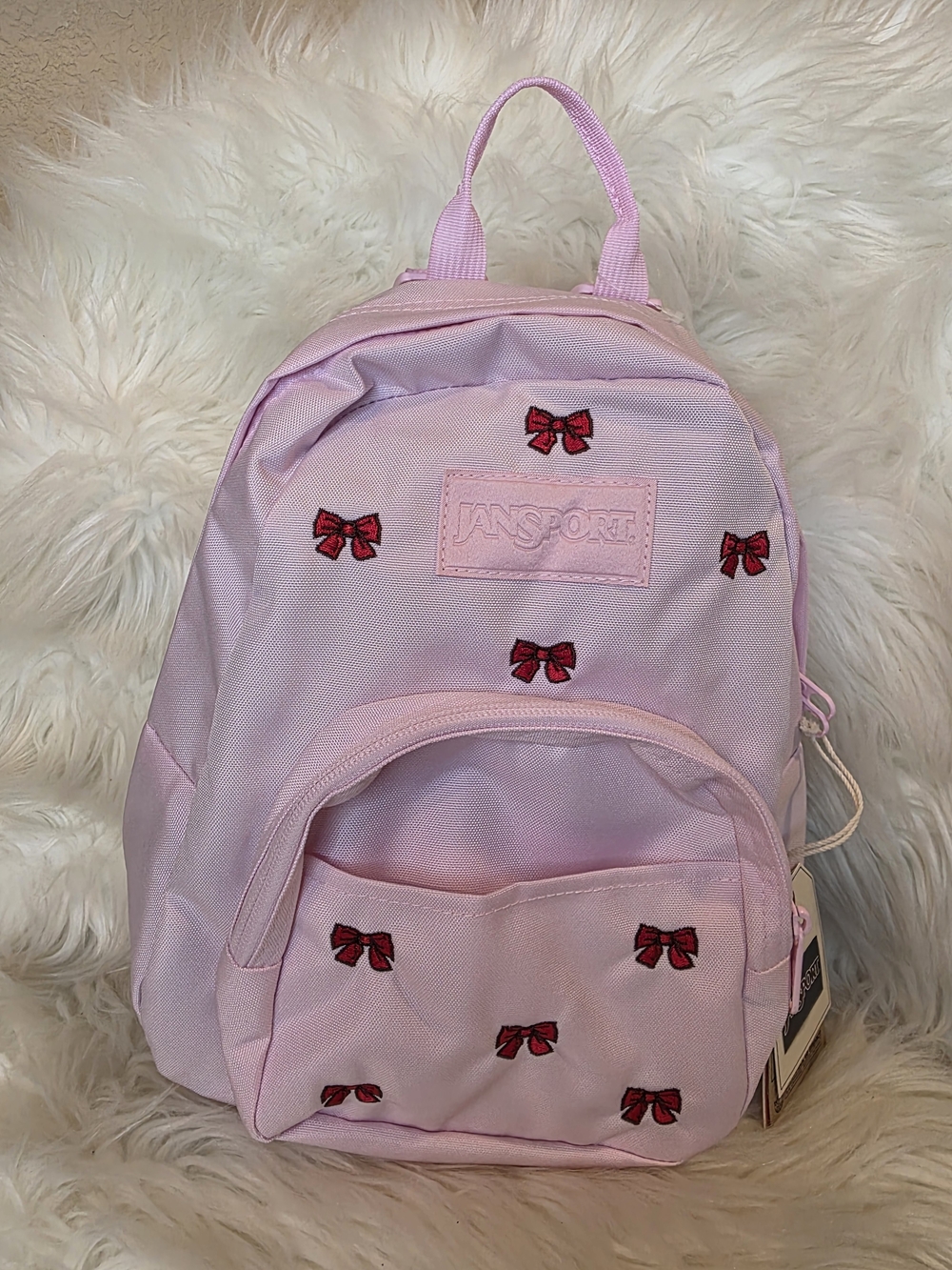NWT JanSport Half Pint FX Mini Backpack viral Embroidered Bows BEGONIA PINK - Picture 3 of 9
